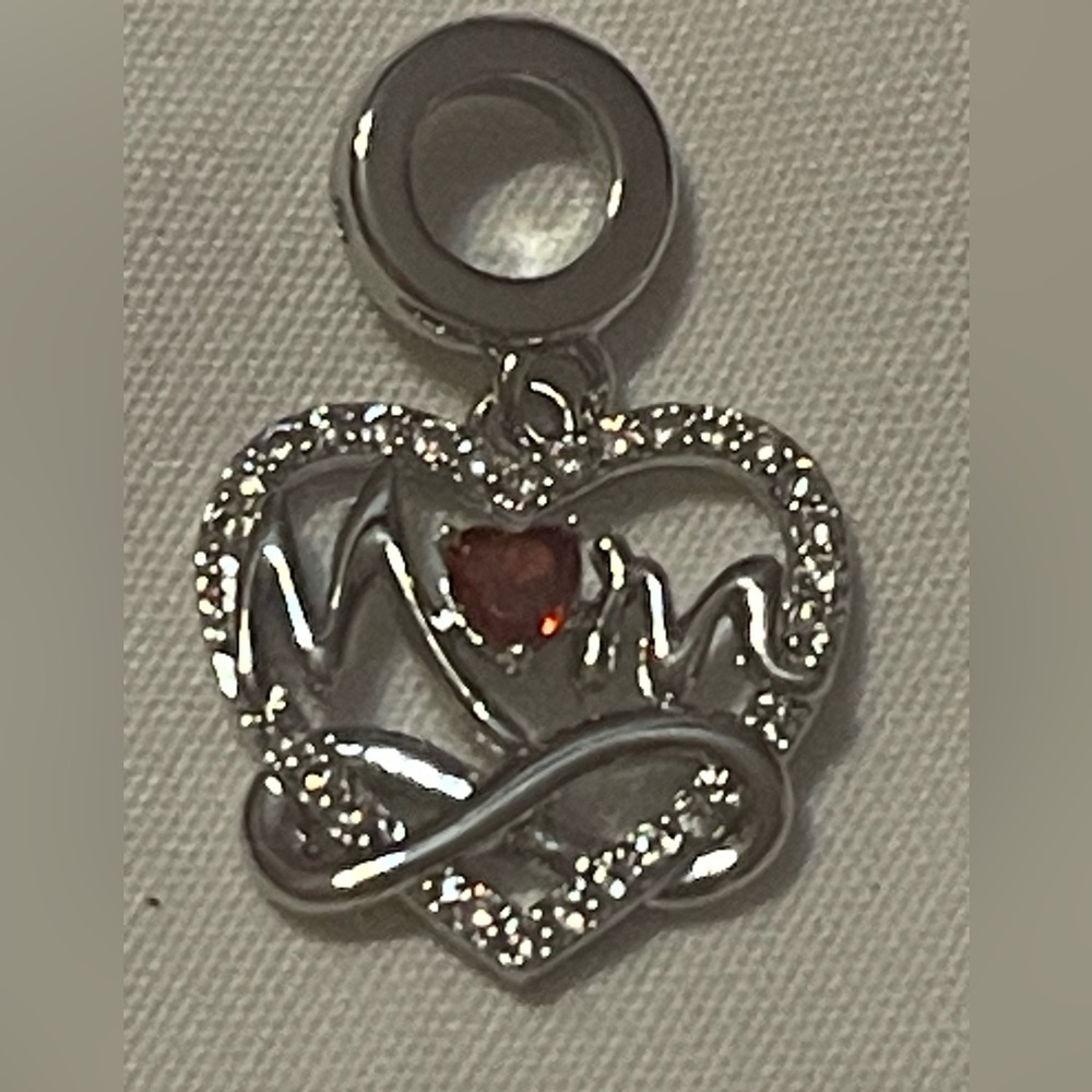 Pandora 925 Silver Heart Infinity “Mom” Charm Pendant with Red Gemstone - Picture 8 of 8